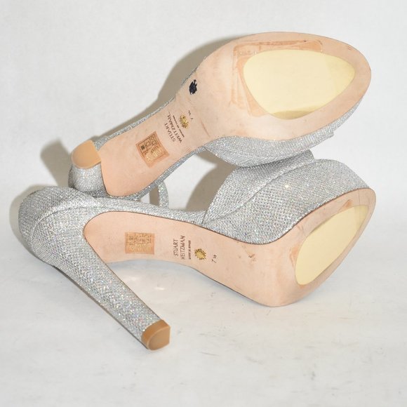 $575 STUART WEITZMAN Disco Platform Sandals SILVER (MULTI GLITTER) 7.5 (PB16)
